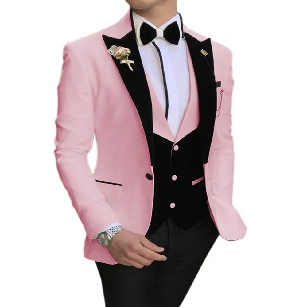 

Latest Design Men Suits Tailor Made Tuxedo Groom 3 Pieces Pink Blazers Wedding Party Suits Groomsman Costume Homme