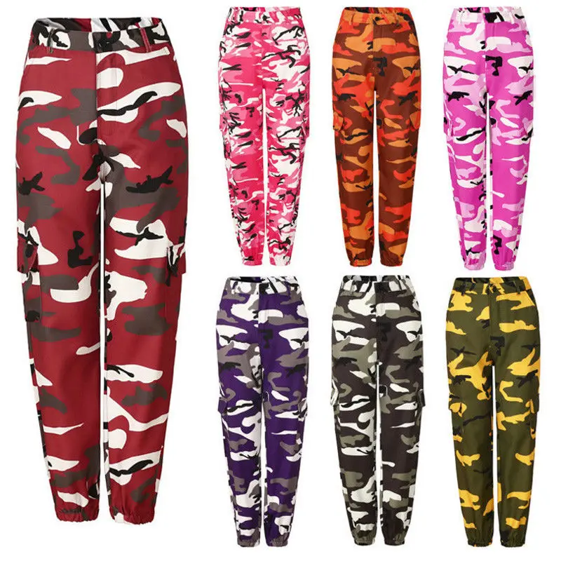 Fashion Women Camo Cargo High Waist Hip Hop Trousers Pants Military Army Combat Camouflage Long Pants Hot Capris