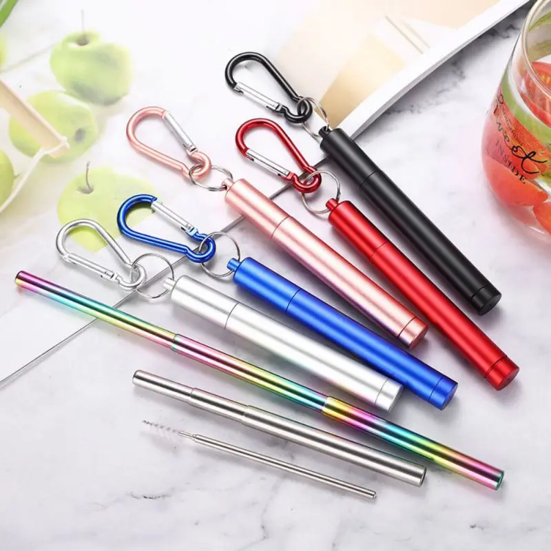 Reusable Portable  Drinking Straw Stainless Steel Telescopic Straws Camping Supplies With Cleaning Brush