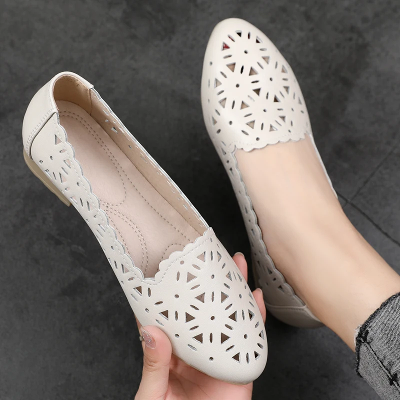 GKTINOO 2024 Women Flat Shoes Genuine Leather Woman Ballet Pointed Toe Flats Summer Lady Hollow Out Loafers Women Shoes Sandals