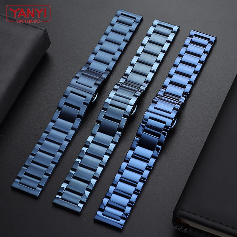 Stainless Steel Watchband Dark blue color Curved end Metal Wristwatches Band 18mm 19mm 20mm 21mm 22mm 23mm 24mm watch strap