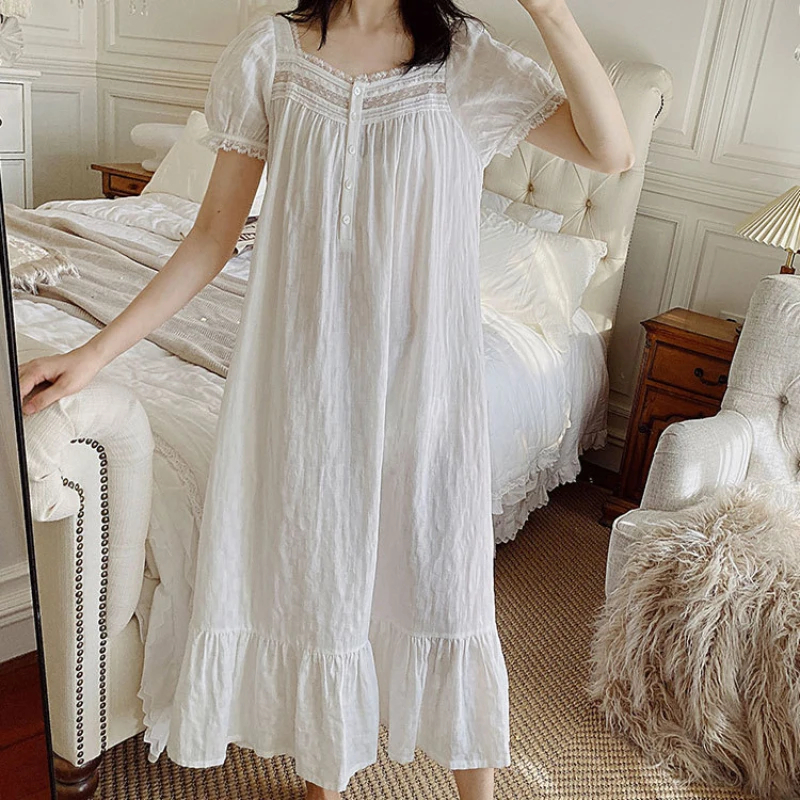 Pure Cotton Victorian Night Dress Women White Short Sleeve Long Robe Peignoir Romantic Vintage Nightgowns Princess Sleepwear