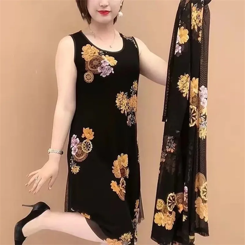 2023 New Single/Two Piece Sets Mid-Length Dress Suit Summer Loose Cardigan Printed Coat Middle Aged Mother Suit Dress Women 466