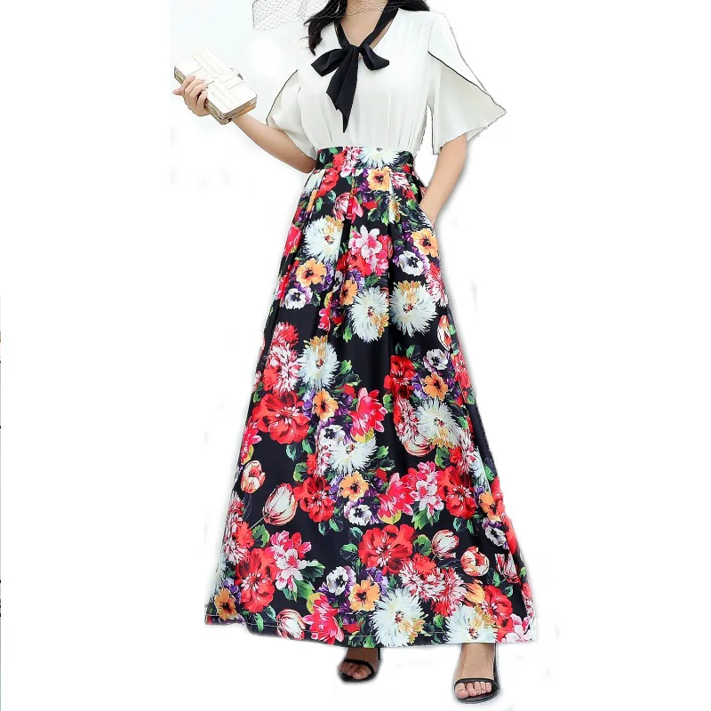 

Women Autumn Maxi Printed Skirt New Female High Waist Pleated Streetwear Skirt Plus Size Big Hem Long Skirt with Pocket Clothing