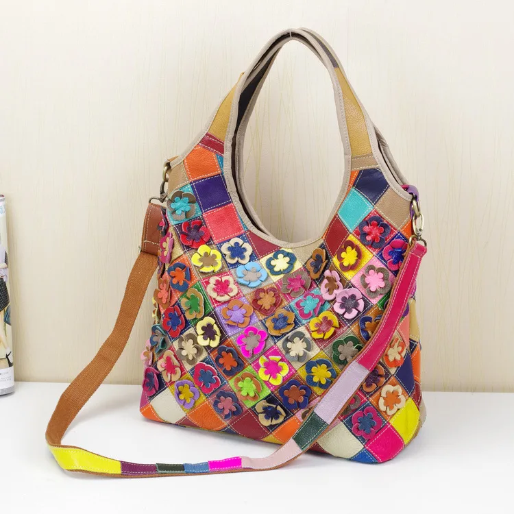 

High Quality Leather Women's Multi-color Random Spliced Design Shoulder bag Fashion Female Colorful Flowers Tote bag 649