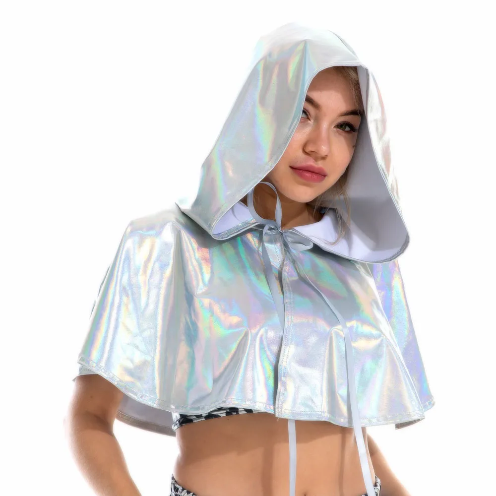 Shiny PU Leather Holographic Cape Unisex Cosplay Metallic Death Cape Short Hooded Rave Festival Cloak Hat Halloween Costume