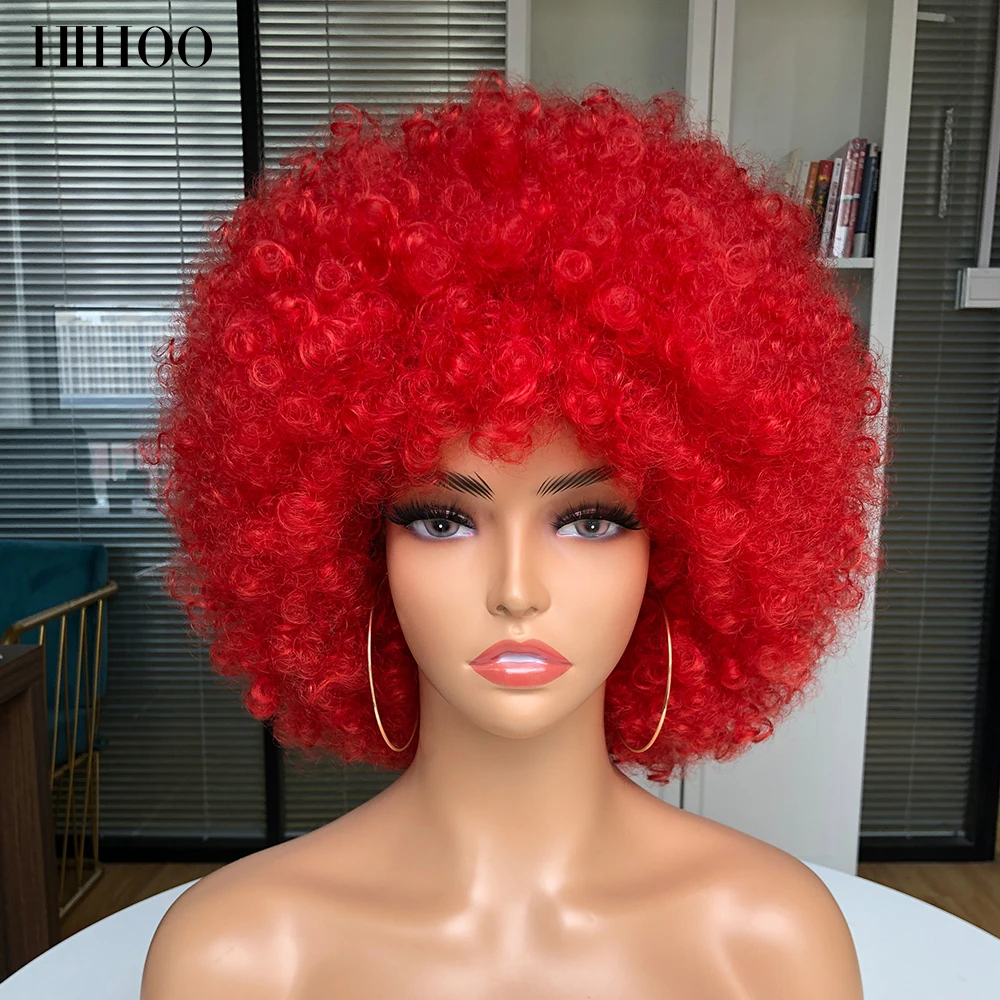 Peluca Afro rizada de pelo corto con flequillo para mujer, peluca sintética rosa para Cosplay, color negro, azul, rojo y marrón para Halloween