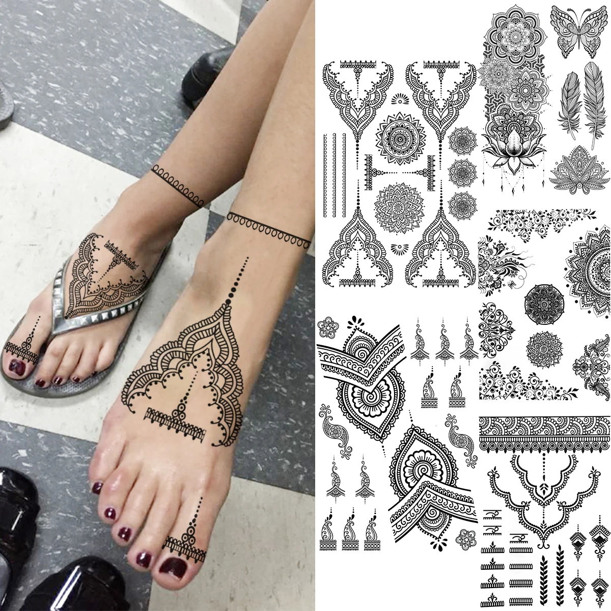 

Black Lace Mandala Henna Temporary Tattoos For Women Adult Butterfly Feather Fake Tattoo Sexy Feet Body Art Washable Tatoo Decal