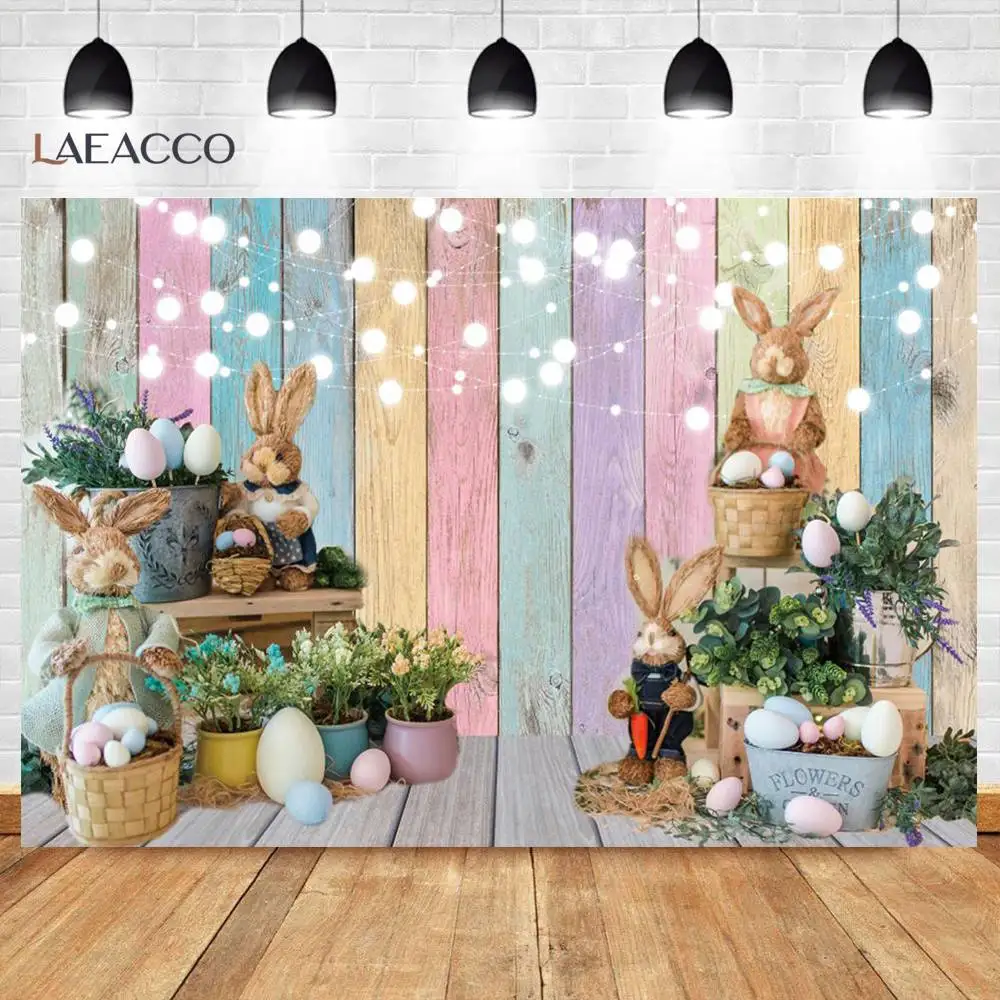 Happy Easter Day Spring Flowers Basket Eggs Rabbit Wood Board Planks Baby Child Photo Backgrounds Photography Backdrops Photo