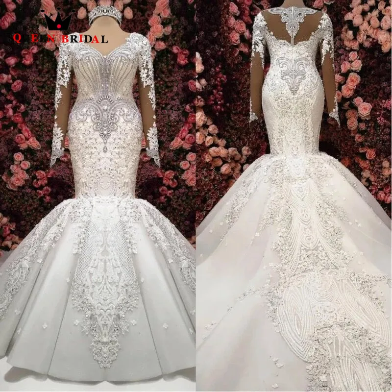 Luxury Wedding Dress Mermaid Long Sleeve Tulle Crystal Beaded Diamond 2023 New Design Muslim Bridal Dresses Custom Made SH09