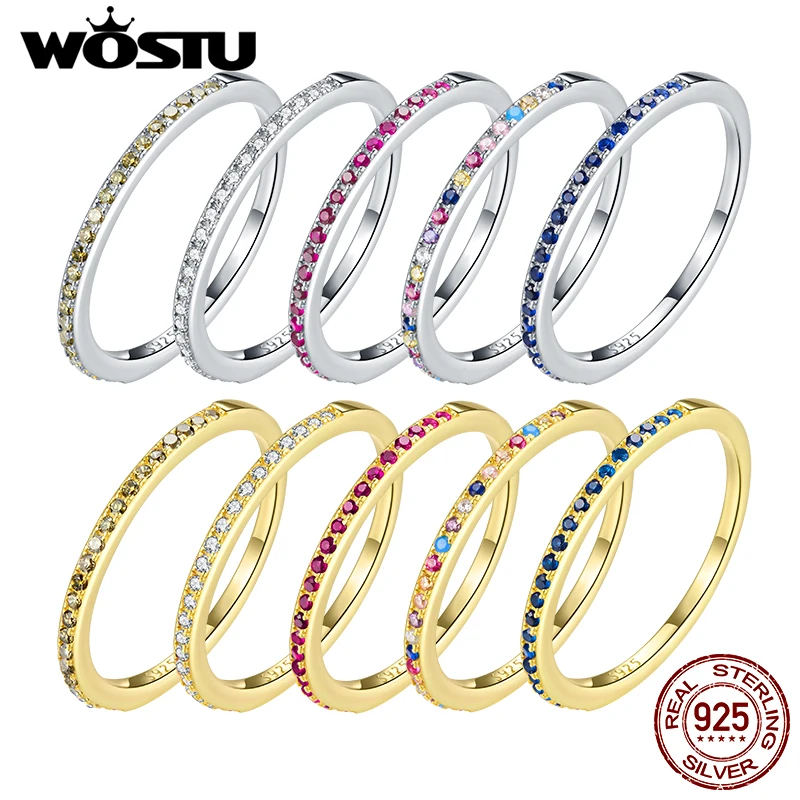 WOSTU 925 Sterling Silver Stackable Finger Rings Simple Colorful Zircon Rings For Women Eternity Bands Daily Wear Jewelry Gift