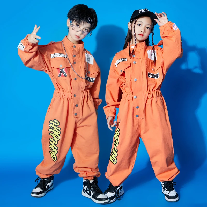 

Boys Hip Hop Dancewear Girls Jazz Dance Jumpsuit Kids Modern Street Dance Stage Performance Costumes Orange One-Piece DQL6516