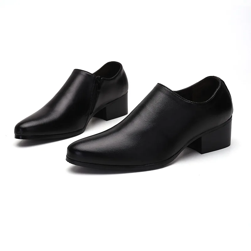 New 8CM Platform Leather Shoes Men Two-layer Cowhide Dress Shoes 2021 Fashion Pointed Toe Zipper Black Casual Business Man Shoe