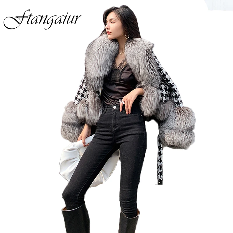 

Ftangaiur New Winter Import Sliver Fox Coat Women Plaid Sashe Coats Short Turn-Down Collar Losse Natural Woolen Fur Coats