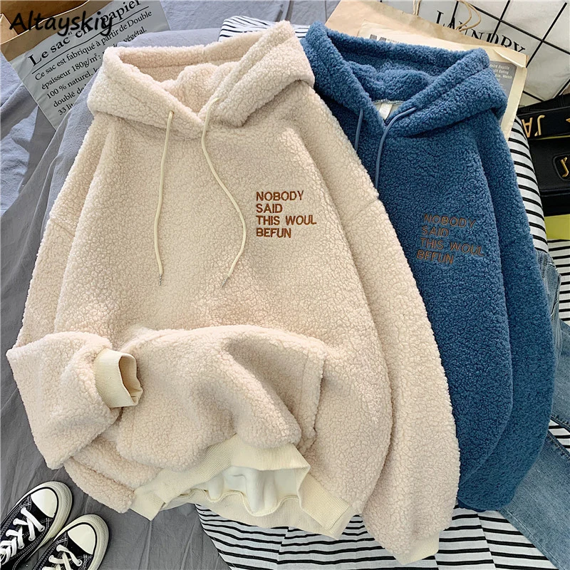 

Lambswool Hoodies Women Loose Thicken Warm Winter Hooded Outerwear Korean Style Students Daily Chic Tops Letter Embroidery Mujer