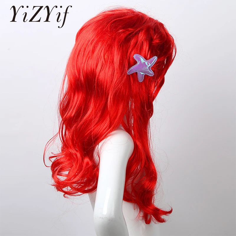 

Kids Girls Mermaid Princess Dress up Red Wigs Hair Headwear Synthetic Hair Wigs with Starfsh Hair Clip Halloween Anime Cosplay