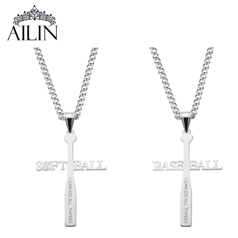 

AILIN Dropshipping Personalized Stainless Steel Softball or Baseball Cross Name Necklace Cuban Curb Chain Gift for Sport Fanatic