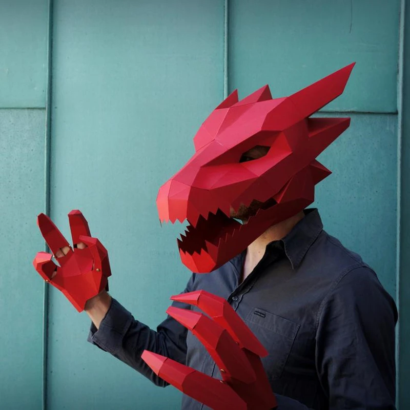 DIY Dragon Mask Papercraft Headgear Photography Props Funny Toy Masked Party Halloween Paper Model Low Poly Dragon Claw Gloves