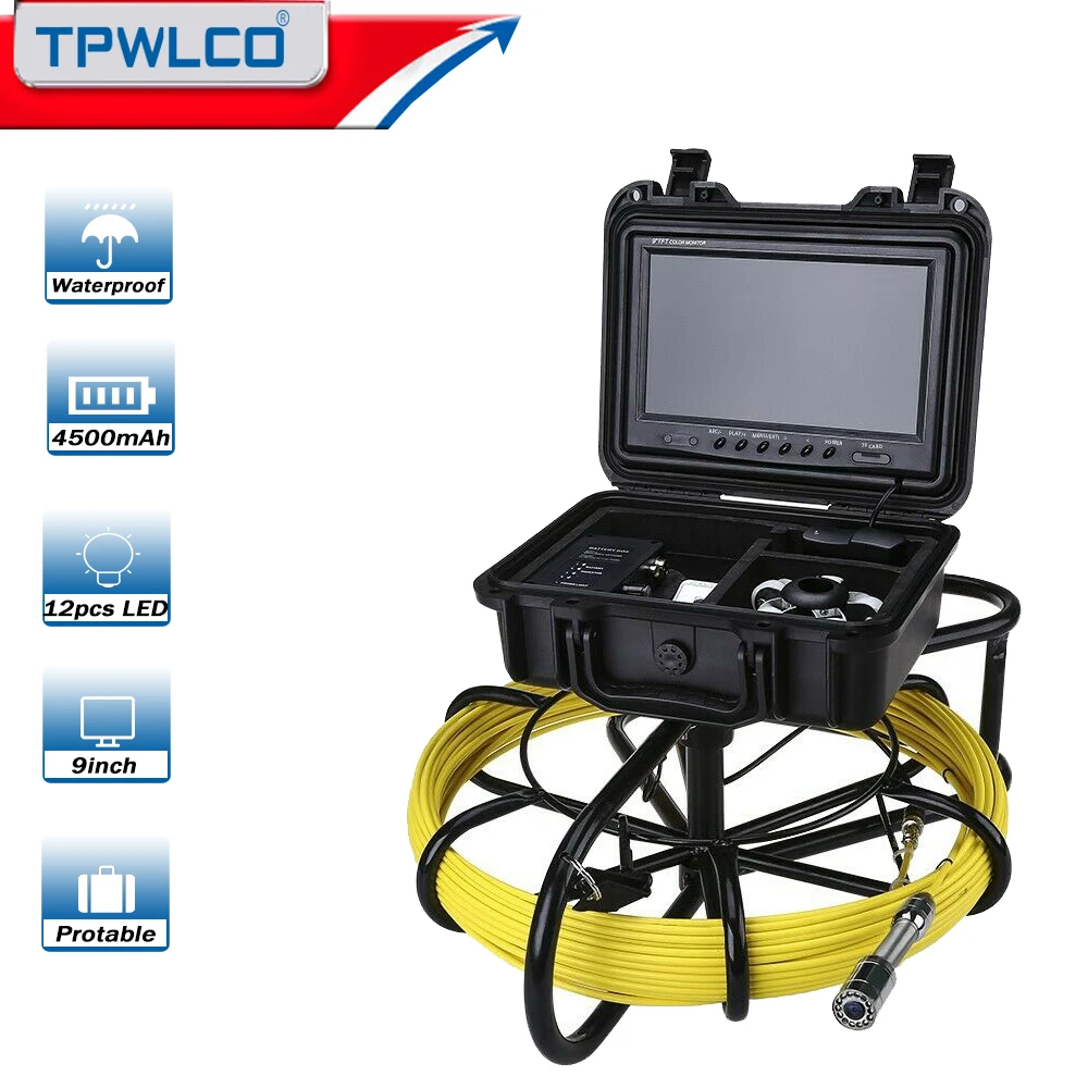 

TPWLCO 9" Display DVR Pipe Inspection Video Camera 23mm 120 Degree Drain Sewer Industrial Endoscope Pipeline System 20m Cable