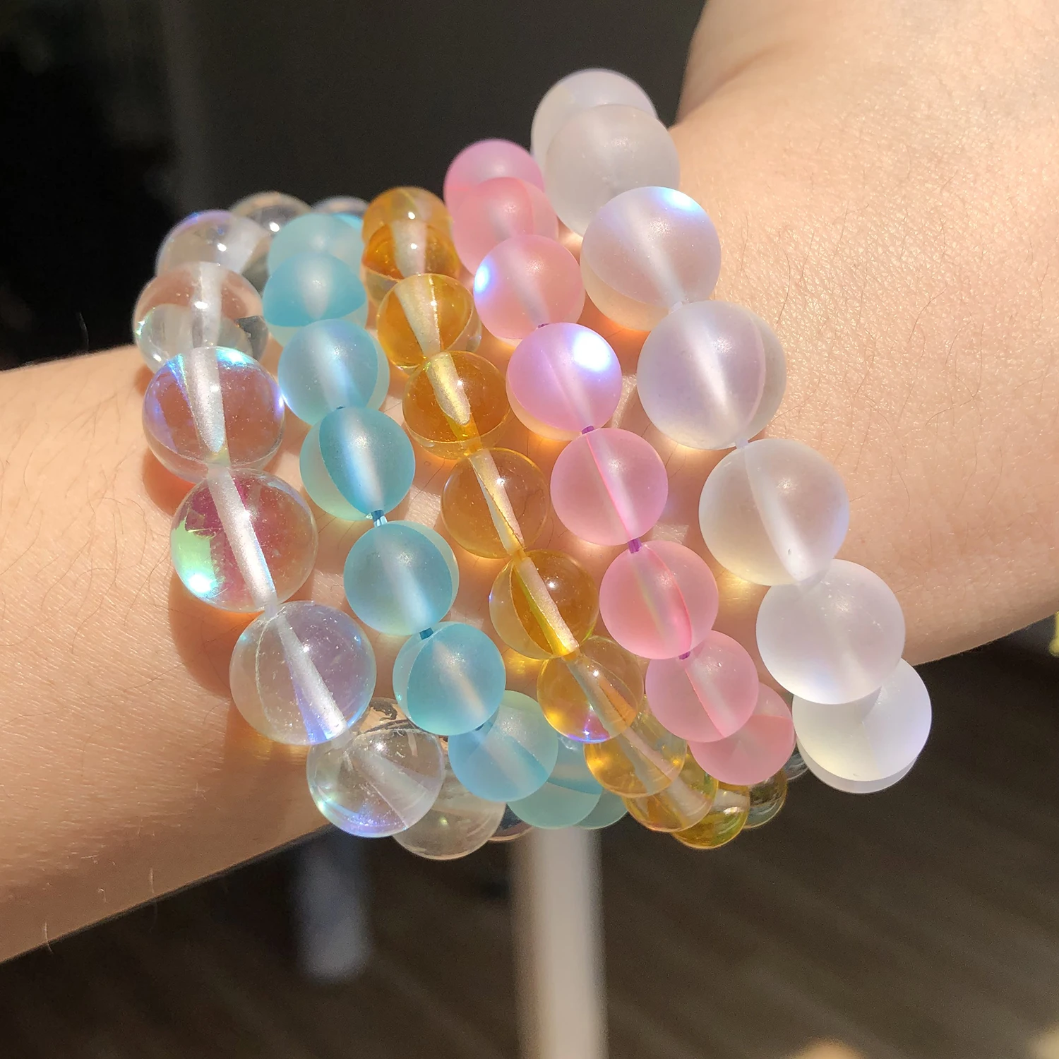 Matte Kristallglasperlen, gefrosteter Mondstein, glitzernd, rund, lose Perlen für die Schmuckherstellung, DIY-Halskette, Armband, 15 Zoll – Detail 5