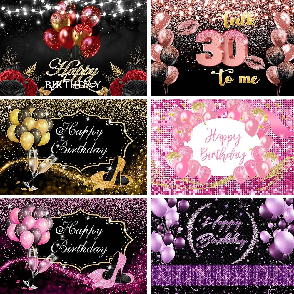 

Women Birthday Backdrop Balloon High Heel Glitter Custom Photography Background Baby Birthday Party Decor for Studio Photo Shoot