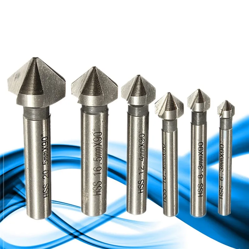 

Round shank 6pcs 3 Flute 90 Degree HSS Chamfer Chamfering Cutter End Mill Tool Countersink Drill Bit Set 6.3-20.5MM