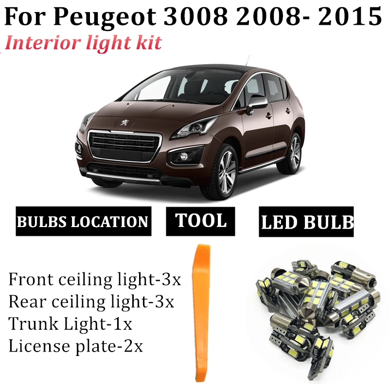 

9pcs free shipping Error Free Auto LED Bulbs Car T10 Led Interior Light Kit Dome Lamps For Peugeot 3008 accessories 2008- 2015