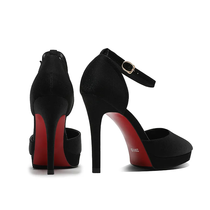 Sexy Platform 10cm High Heels Thin Heels Pointed Toe Women Single Shoes Word Buckle Pumps Mid Hollow Solid Silk Work Shoe 2026