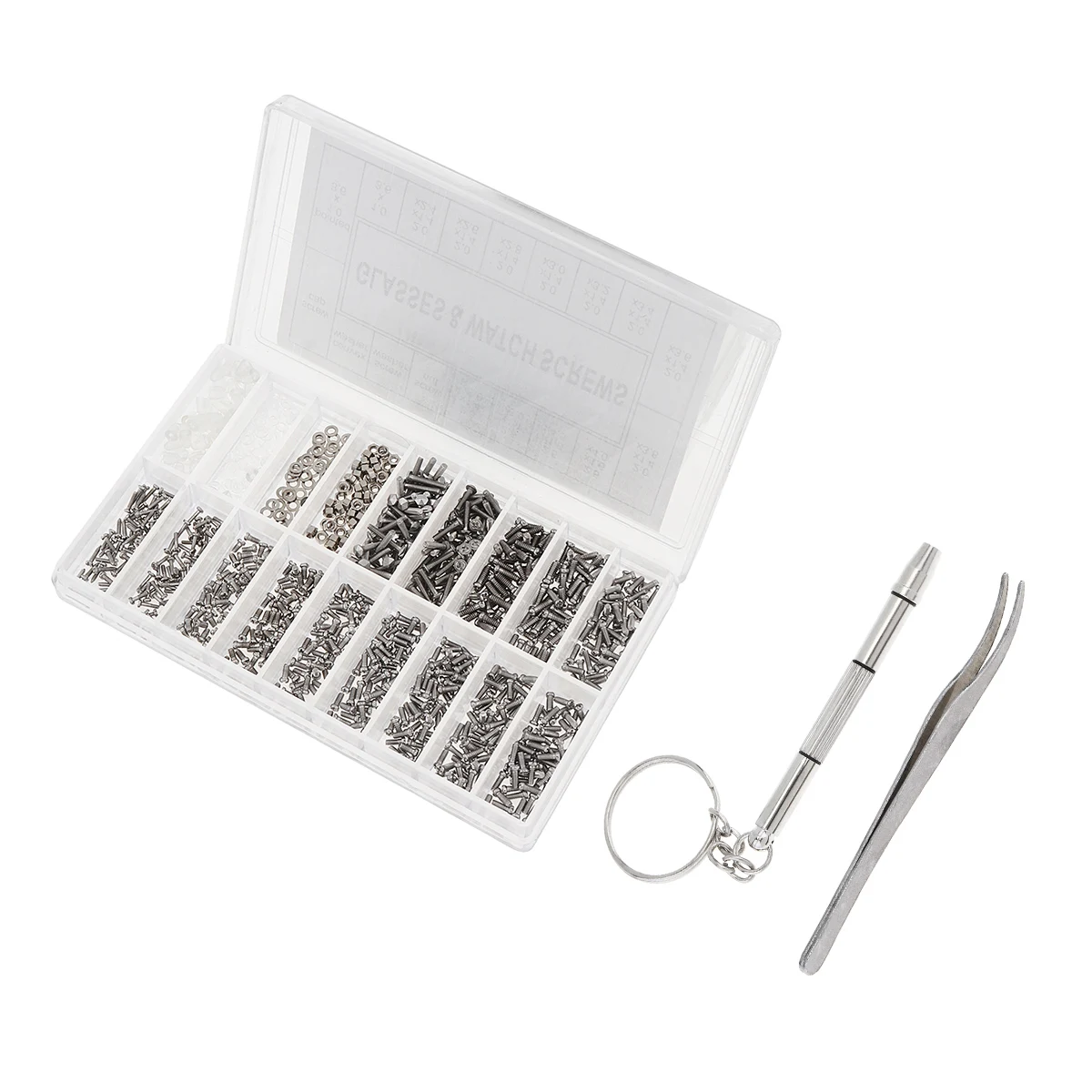 1000 pz/lotto in acciaio inox Boxed viti minuscole dado orologio occhiali Set di strumenti di riparazione kit con cacciavite e pinzette