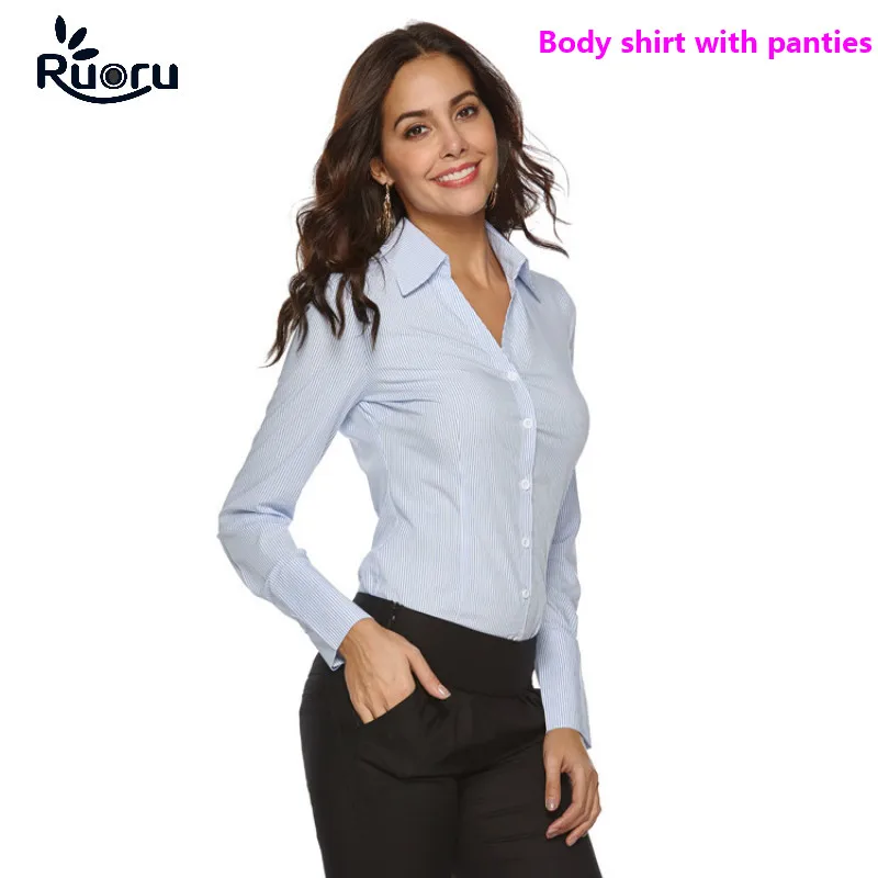 

Ruoru Elegant Bodysuits for Women Office Lady Work White Body Shirt Long Sleeved Bodycon Fashion Tops and Blouses Female Clothes