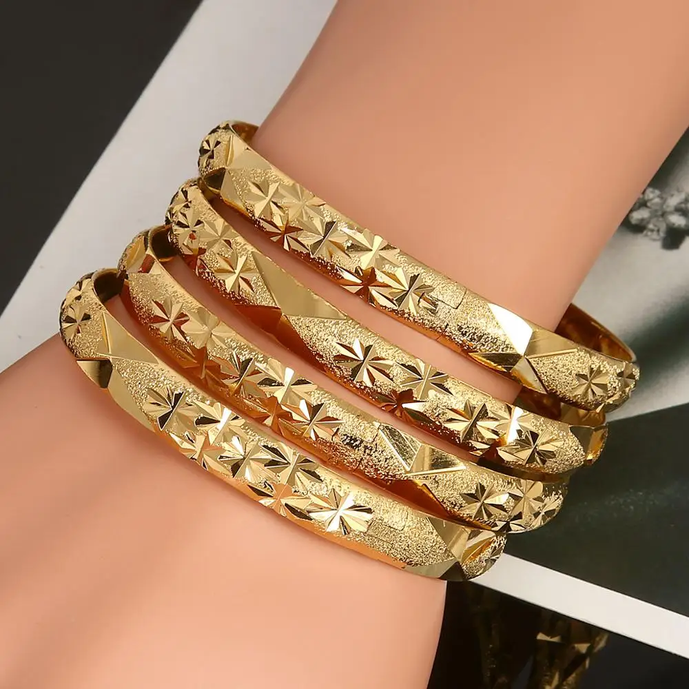 Trendy 4pcs Dubai Bangles for Women Men Gold Color Wide Bracelets African Ethiopia Jewelry