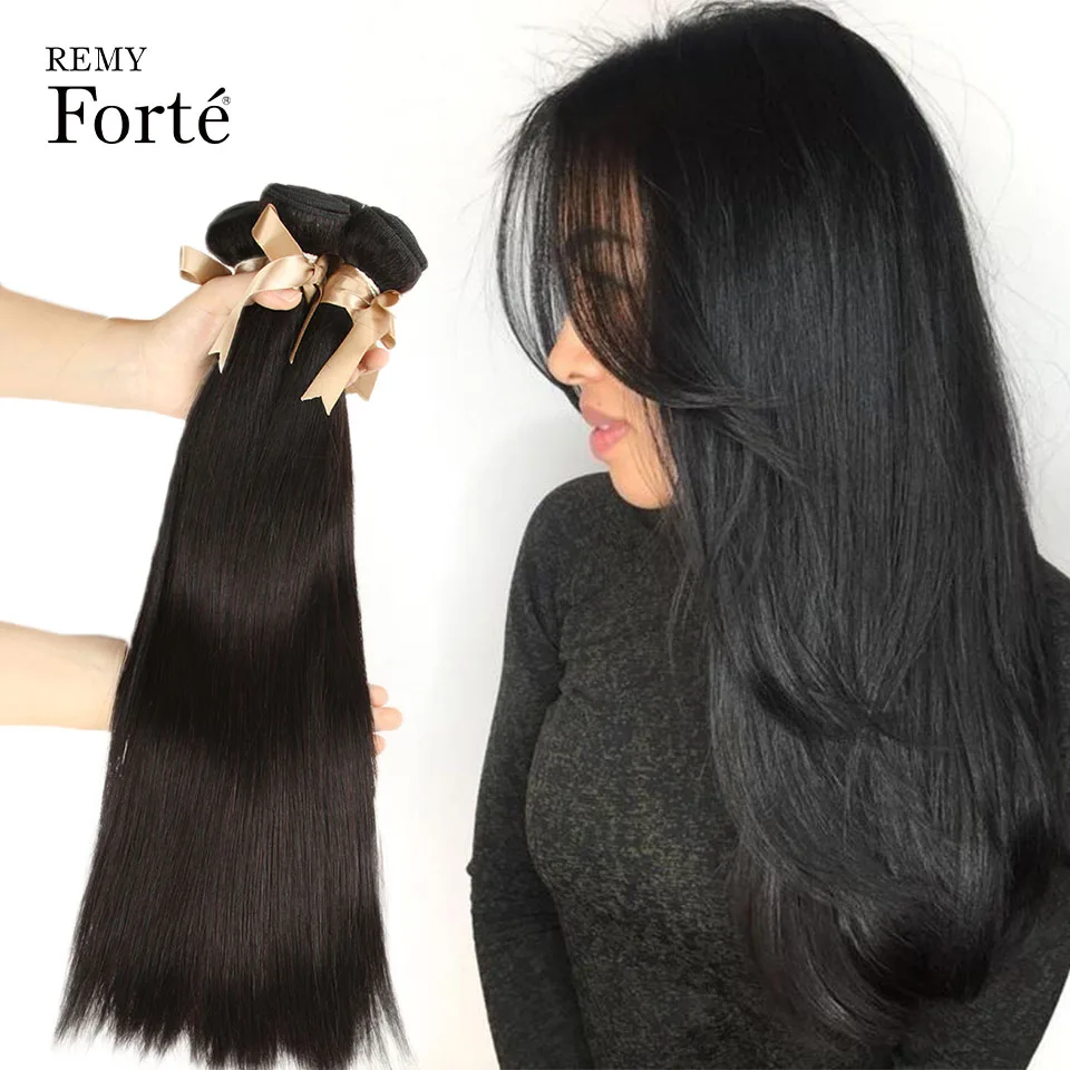 Remy Forte-extensiones de cabello humano virgen sin procesar, mechones de cabello humano liso brasileño 100%, negro Natural, 1/3/4 Uds.