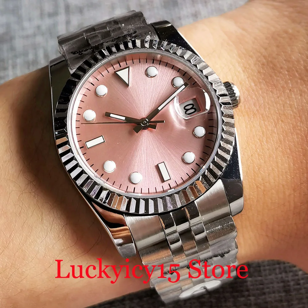 

BLIGER Nologo Pink 36mm Fluted Bezel Automatic Men Watch 21 Jewels MIYOTA 8215 PT5000 Jubilee Strap