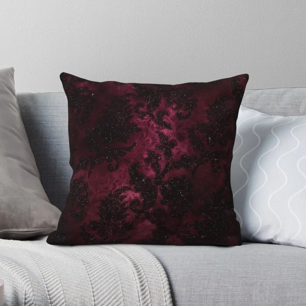 Vintage Burgundy Damask Square Pillowcase Polyester Linen Velvet Printed Zip Decor Pillow Case Bed Cushion Cover 45x45