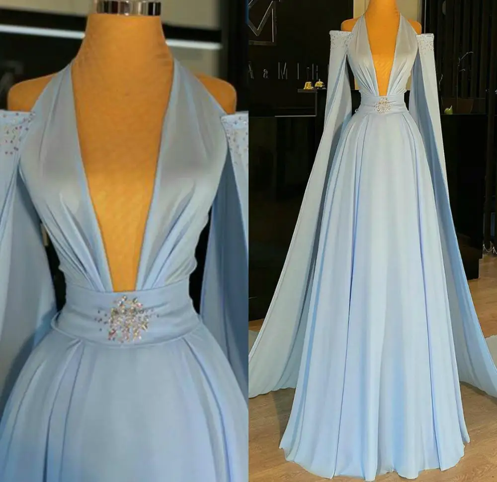 Elegant Sky Blue Evening Dresses Deep V Neck Long Sleeve Prom Dress Chiffon Floor Length Party Formal A Line Gowns Robes