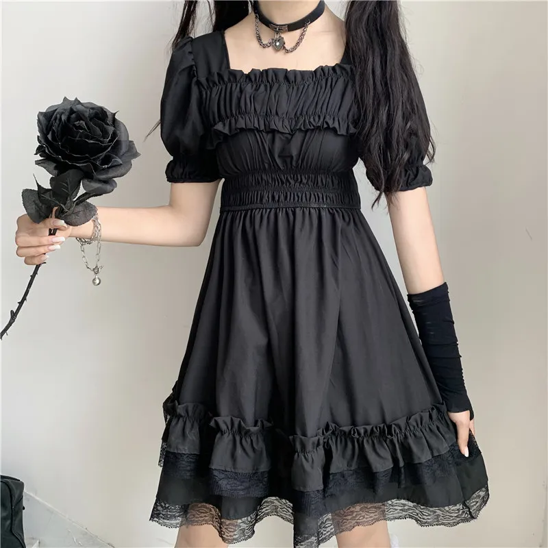 Japanischen Frauen Viktorianischen Gothic Platz Kragen Spitze Rüschen Schwarz Lolita Kleid Sommer Mädchen Steampunk Puff Sleeve Mini Kleider