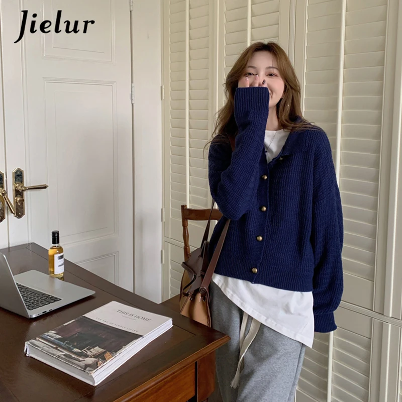 Jielur New Style Knitted Cardigan Female Loose Long Sleeve Women Sweater Jacket Single-breasted Navy Blue Apricot Sweaters