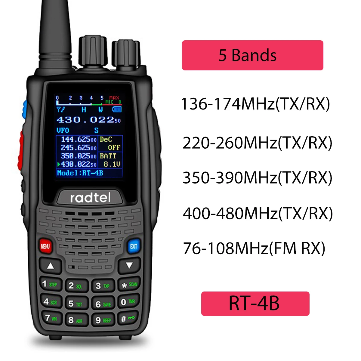 Radtel RT-4B 5 밴드 아마추어 양방향 라디오 200CH 햄 워키 토키 VOX DTMF 2 톤 5 톤 SOS 컬러 LCD 경찰 스캐너 FM 라디오