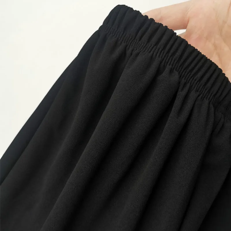 Cusual Pants Women Summer Ankle-length Loose Wide Leg Elastic High Waist PopularBlack Simple Comfortable Elegant Ladies Chic