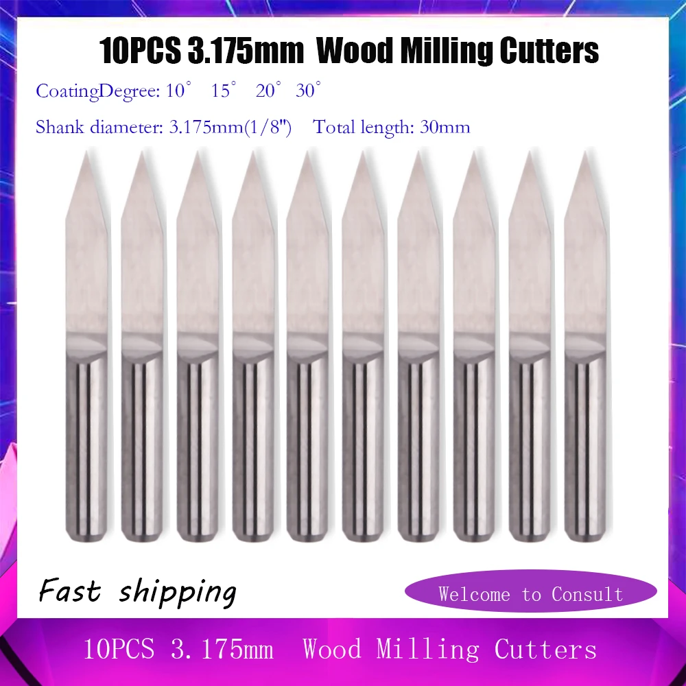 10PCS 3.175mm Shank Wood Milling Cutters 20 Degree 0.1mm PCB Carbide Router CNC Milling Cutter V Shape Blade Cutter Kit