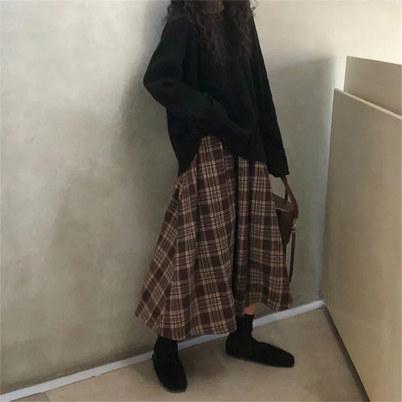 New Japanese Harajuku Autumn Winter Women Midi Skirt High Waist Plaid Female Saias Korean Ulzzang Streetwear Elegant Long Skirts