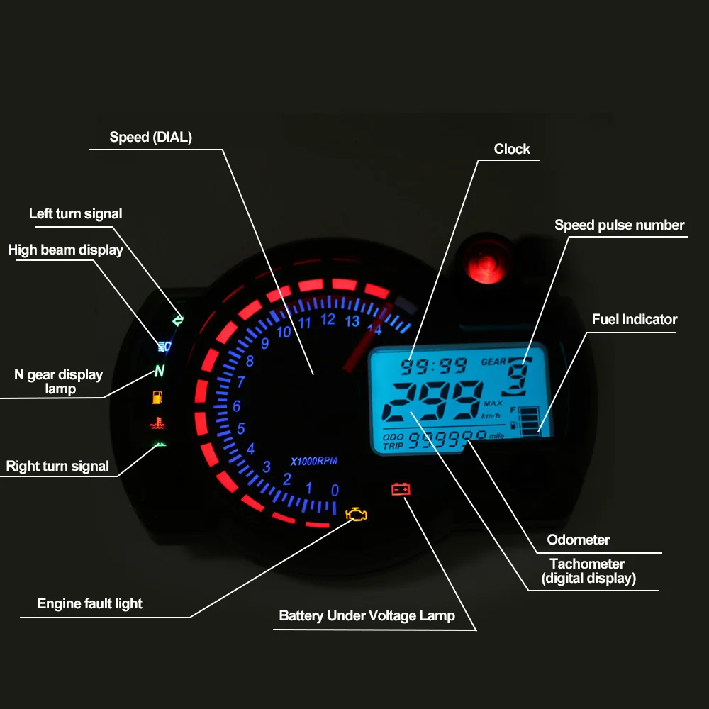 12V Motorcycle Speedometer LCD Odometer Dashboard Meter Replacement Digital Clock 7Colors RGB Decoration Motorbike Accessories