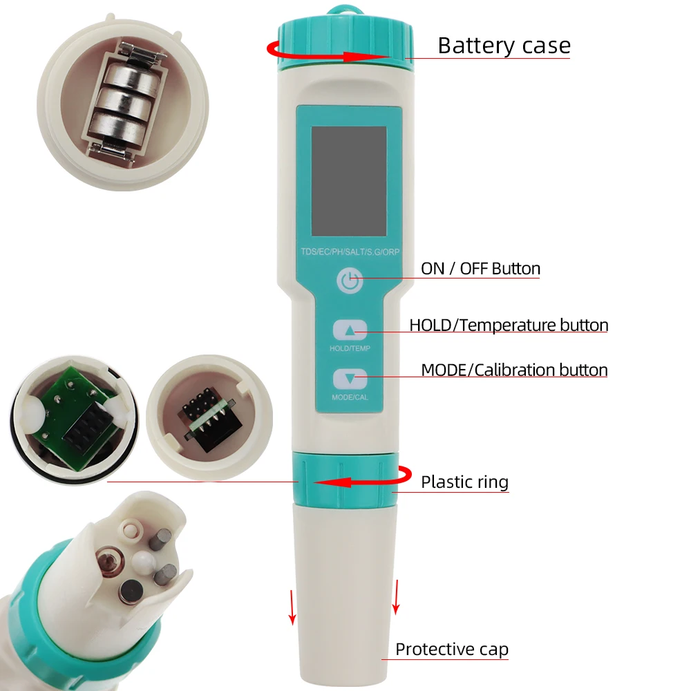 7 in 1 ORP Salinity PH TDS EC SG TEMP Meter Monitor Water Quality Detector for Drinking Water Swimming Pool Aquarium Backlight