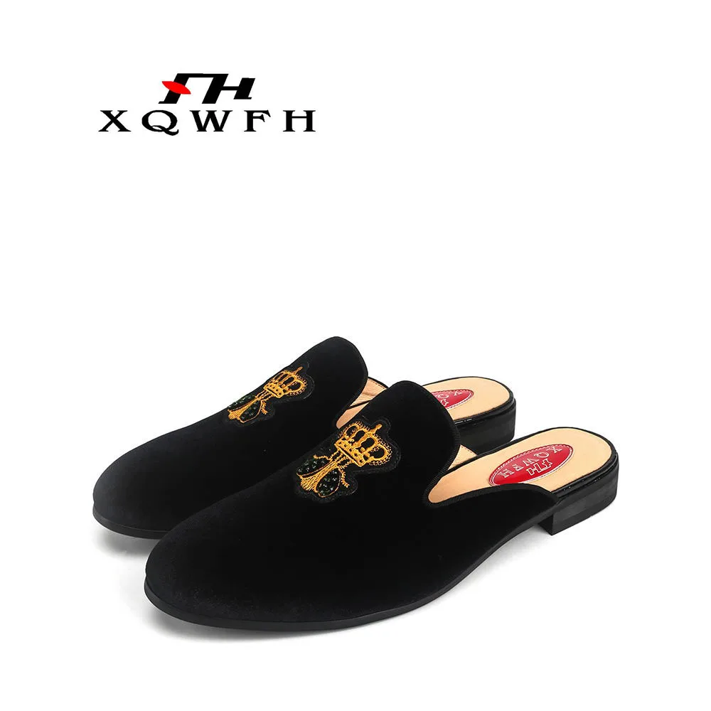 Red Large Size Embroidery Crown Men Velvet Slippers Designs Fashion Show Men\'s Casual Shoes Slides European Elegant Sandals