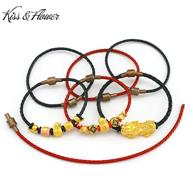 

KISS&FLOWER BR138 2022 Fine Jewelry Wholesale Fashion Lovers Couple Birthday Wedding Gift PIXIU 24KT Gold Leather Cord Bracelet