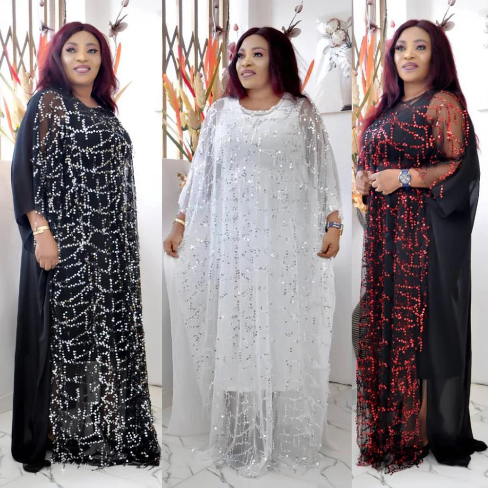 

White Lace Sequin African Dresses For Women With Inner Dress Set 2PCS Ankara Dashiki Boubou Robe Evening Gown Kaftan Dubai Abaya