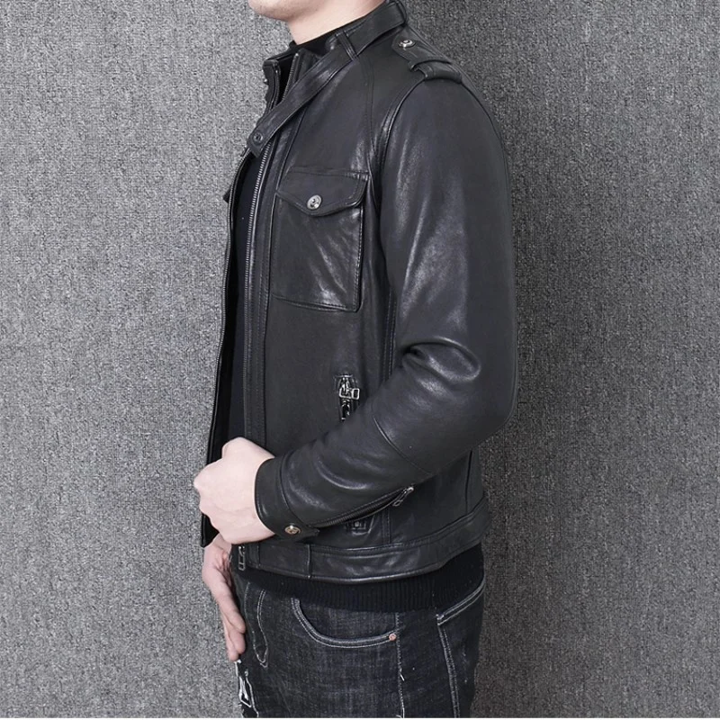 Biker Brand Real Leather Jacket Men Spring New Slim Zipper Sheepskin Short Coat High Quality Black Office Outerwear Plus Size