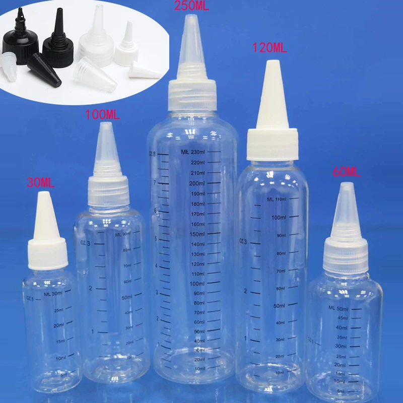 5pcs 30ml/60ml/100ml/120ml/250ml Plastic E juice Liquid Graduated mark PET Drop Bottles Tip Cap Tattoo Pigment Ink Containers