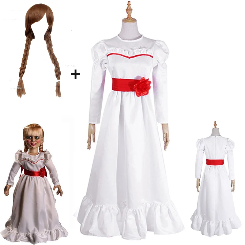 Film Annabel Cosplay Kostüm für Frauen Kinder Erwachsene Halloween Kostüme und Perücke Horror Scary Phantasie Weiß Kleid Outfits