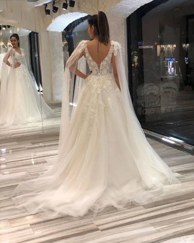 فساتين زفاف إسلامية جديدة 2025 كيب الخامس الرقبة كم طويل دانتيل زينة مطرز ريشة فستان زفاف Vestido de Noiva Mariage